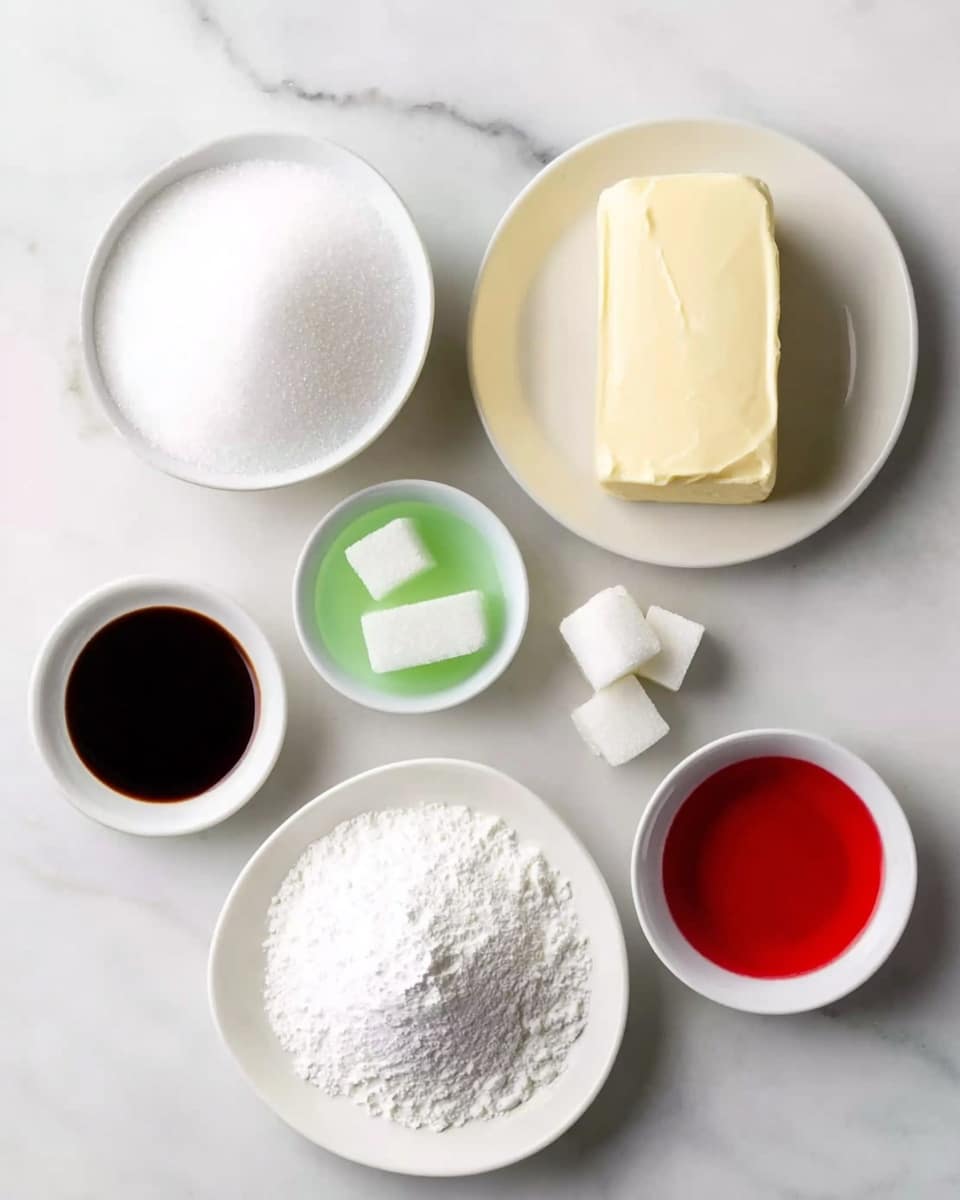 The image shows six white round dishes arranged on a white marbled surface. Starting from the top left, the first dish is filled with dry white granulated sugar. Next to it on the right is a dish holding a light beige block of butter. Below the sugar are four white sugar cubes placed loosely beside the dishes. To the left below the cubes is a bowl with dark brown vanilla extract. Beneath the vanilla are two smaller dishes; one contains a light green liquid and the other a red liquid. On the right side below the butter is another dish filled with white powdered sugar, heaped slightly into a mound. The image is bright and evenly lit. photo taken with an iphone --ar 4:5 --v 7