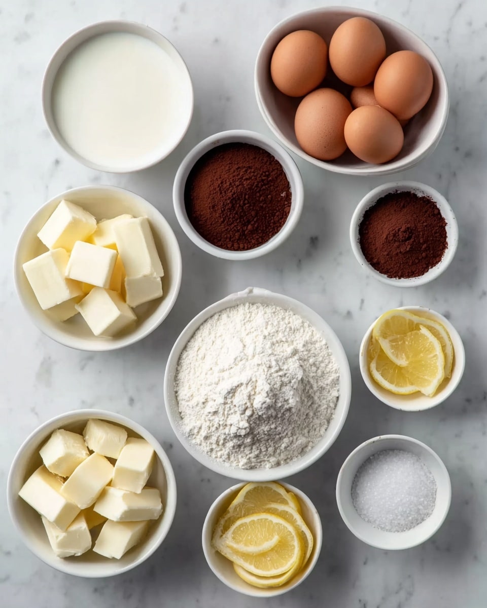 The image shows eight white bowls arranged on a white marbled surface; the bowls contain different ingredients. One bowl is filled with seven brown eggs, another has a mound of white flour with a slightly rough texture, and a third bowl holds several yellow butter cubes stacked together. There is a bowl with several lemon slices showing bright yellow color and visible pulp, and another small bowl holds white sugar granules. Next to it, a bowl contains what looks like white cream or milk with a smooth surface. One bowl is filled with dark brown cocoa powder with a fine texture, and a smaller bowl contains white cubes, which look like cream cheese or marshmallows. All the bowls are simple white ceramic and neatly organized, photo taken with an iphone --ar 4:5 --v 7