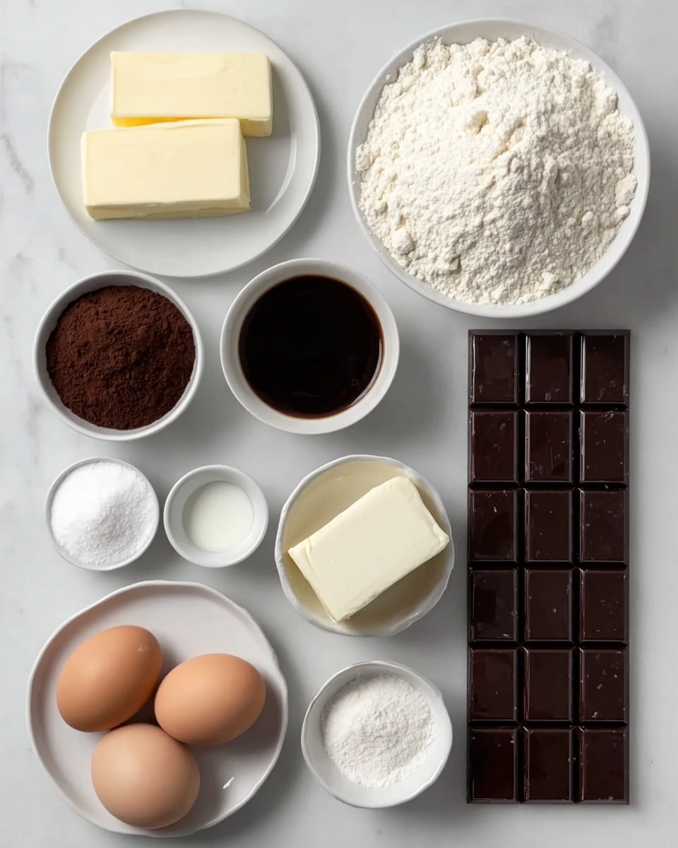 The image shows a neat layout of baking ingredients on a white marbled surface. There are nine white dishes or plates arranged in a grid pattern holding different ingredients: a large plate filled with white flour piled high, a smaller bowl with two sticks of pale yellow butter, a bowl with dark brown cocoa powder, two brown eggs resting side by side directly on the surface, a small bowl of white granulated salt, a bowl filled with dark coffee-colored liquid, a small dish holding a block of white chocolate with some squares visible, a bowl of creamy white milk, and another small bowl with fine white sugar. The colors contrast well, with the white dishes and marbled surface making the colors of the ingredients stand out. photo taken with an iphone --ar 4:5 --v 7