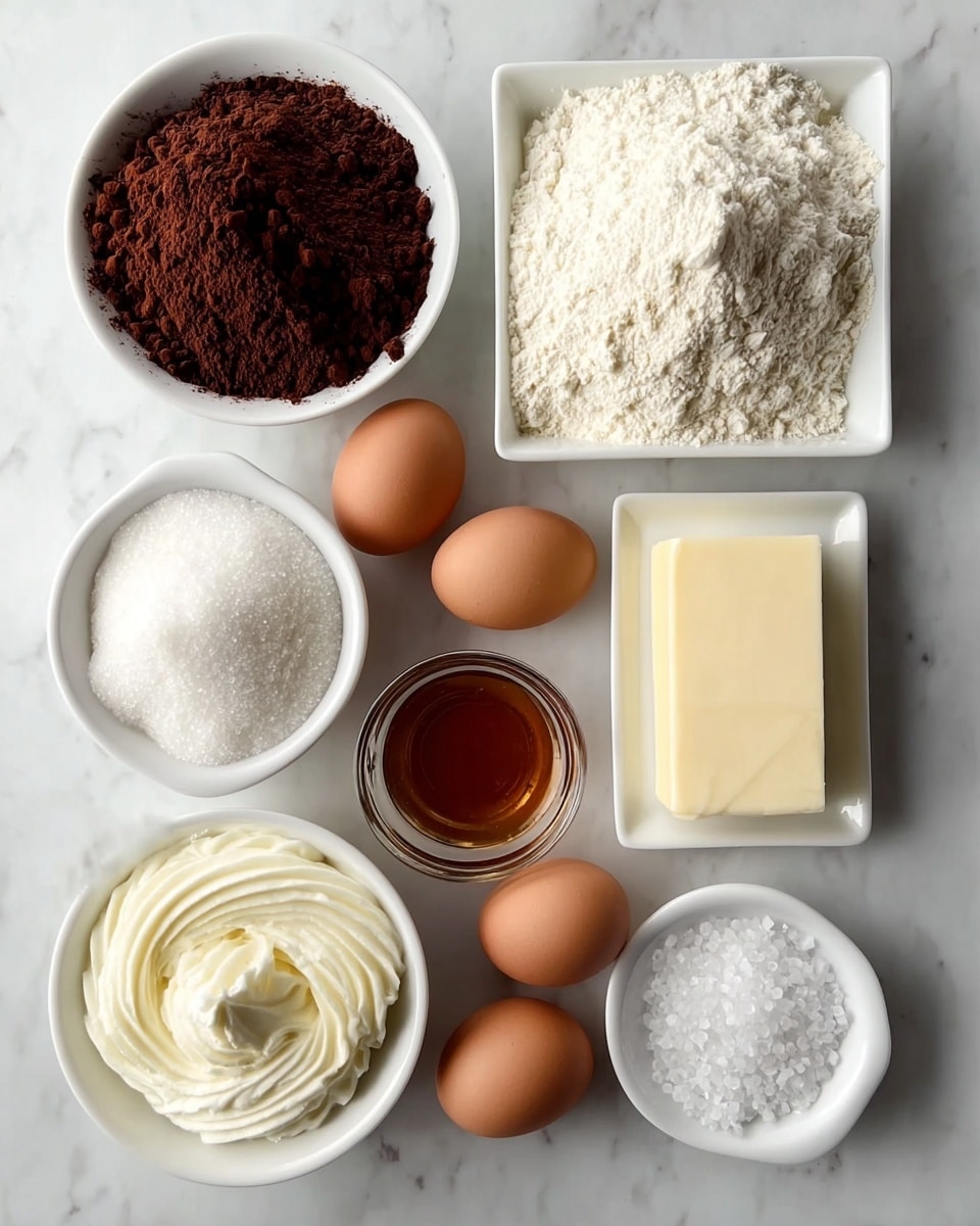 The image shows eight ingredients neatly arranged on a white marbled surface. At the top left is a small white bowl filled with dark brown cocoa powder, next to it on the right is a square white bowl heaped with white flour. Below the cocoa powder is a mound of white granulated sugar, beside it to the right is a square white bowl with a block of pale yellow butter. To the right of the butter are three brown eggs placed close together. Below the sugar is a round white bowl filled with fluffy white cream cheese. In the center below the butter is a small clear glass bowl filled with dark amber vanilla extract. At the bottom right is a small white bowl filled with coarse white sea salt. The arrangement is tidy and the colors range from dark brown to white with touches of pale yellow and brown, all placed on a smooth white marbled surface. Photo taken with an iphone --ar 4:5 --v 7
