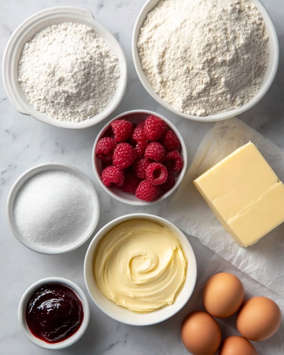 The image shows a top view of several small white bowls and a white plate arranged on a white marbled surface. There is a bowl filled with white granulated sugar, another with white flour, and one containing soft, light yellow butter. A bowl of bright red raspberries and a bowl with dark red jam are also present. A bowl with creamy, smooth white cream is in the center. Four brown eggs are placed beside the bowls, along with a block of pale yellow butter on a piece of parchment paper. The colors are soft and natural, with layers of powders, creamy textures, and fresh berries all clearly visible. Photo taken with an iphone --ar 4:5 --v 7