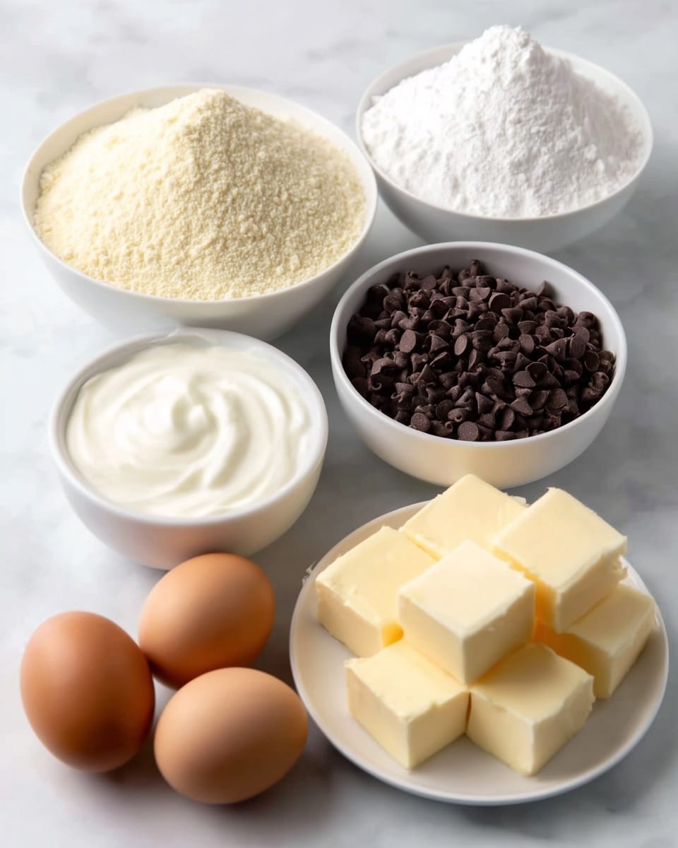 A group of six white bowls and two brown eggs are arranged on a white marbled surface. The bowl on the top left is filled with white powdery flour. Next to it on the right, a white plate holds six neatly stacked cubes of pale yellow butter. Below the flour, a white bowl contains a mound of pale yellow almond meal with a soft texture. To the right of the almond meal, a small white bowl is filled with dark brown chocolate chips. At the bottom right, a white bowl has smooth, white yogurt with a spiral pattern on top. Two brown eggs are placed on the surface near the yogurt bowl. The lighting is soft and natural, showing the ingredients clearly. photo taken with an iphone --ar 4:5 --v 7