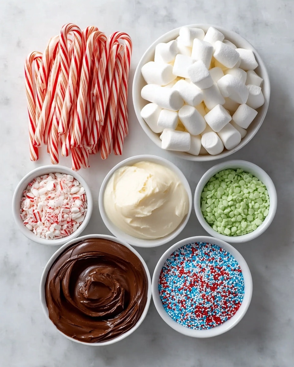 The image shows a white marbled surface with six groups of ingredients arranged neatly. At the top left, there are several red and white striped candy canes placed in a cluster. To the right, a white bowl is full of white marshmallows, piled high. Below the candy canes, a white bowl contains a smooth, creamy, light beige mixture. Next to it, on the right, two small white bowls sit side by side, one filled with tiny green candy pieces and the other with crushed red and white peppermint bits. At the bottom left, a large white bowl holds thick, shiny, dark brown chocolate spread with swirled texture. Lastly, a small white bowl at the bottom right is filled with colorful small round sprinkles in blue, red, white, and yellow. photo taken with an iphone --ar 4:5 --v 7