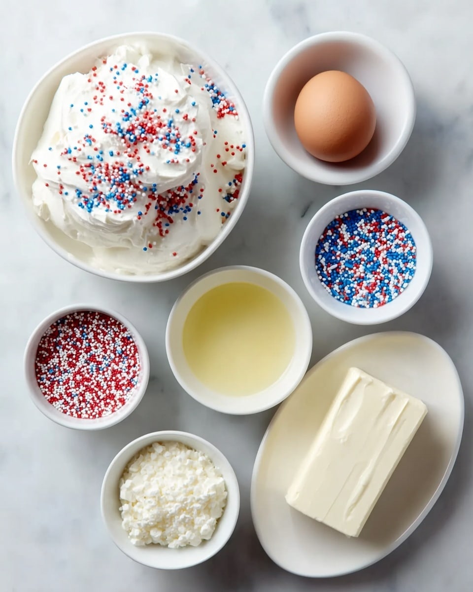 The image shows six white dishes arranged on a white marbled surface, each holding different ingredients. At the center is a white plate with a block of white cream cheese and a brown egg next to it. Surrounding this plate are five small white bowls: one filled with white ricotta cheese with a soft, creamy texture; one with white powdered sugar; one with small red, white, and blue round sprinkles; one with cream-colored vegetable oil; and one with whipped white cream topped with more of the same red, white, and blue sprinkles, creating a textured and colorful topping. photo taken with an iphone --ar 4:5 --v 7