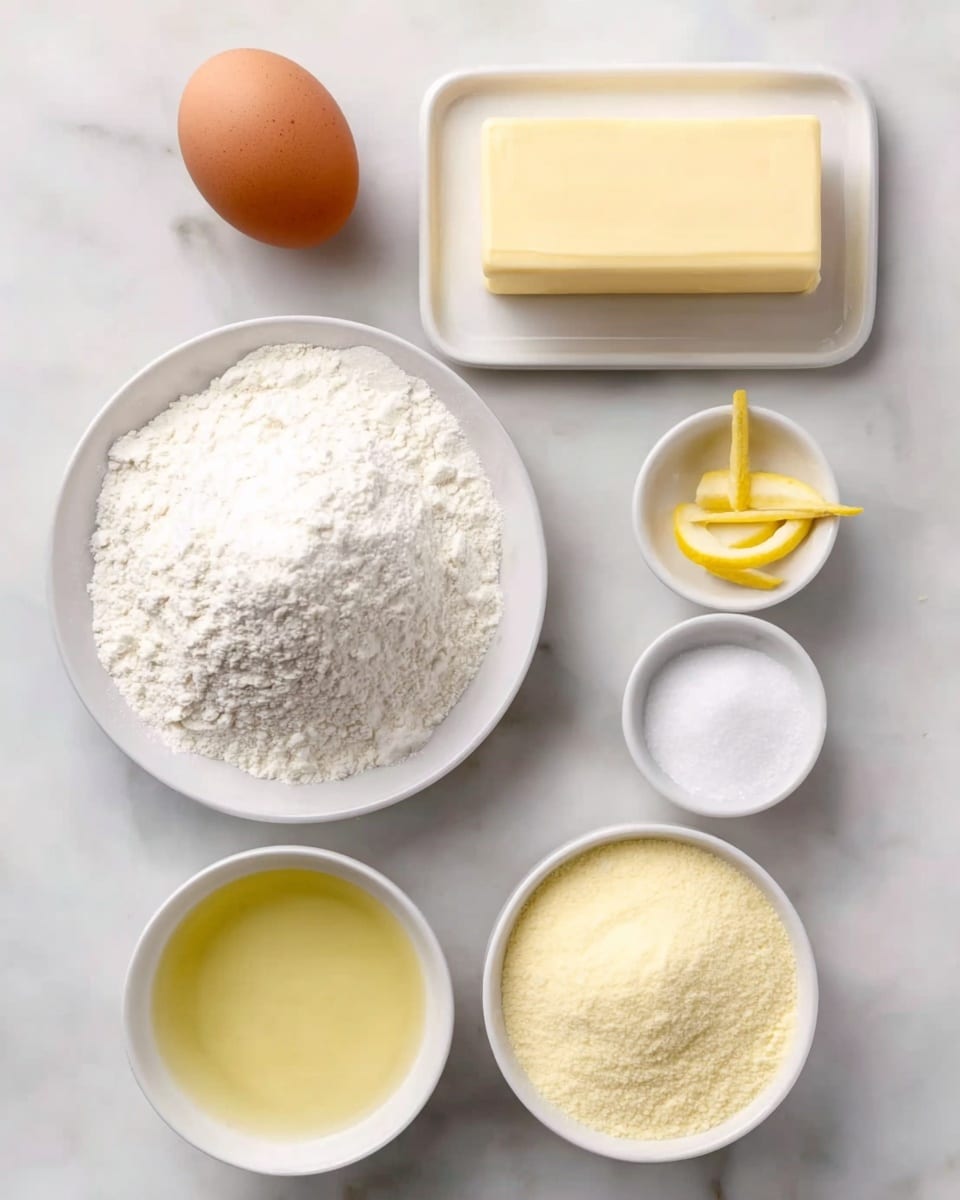 The image shows seven ingredients placed neatly on a white marbled texture. At the top right, there is a rectangular block of pale yellow butter on a white oval plate. To the left of the butter, a single brown egg lies directly on the marble. Below the egg, a large white round plate holds a mound of white flour. To the right of the flour is a small white round dish with thin yellow lemon peels. Next to it, another small white round dish contains fine white granulated sugar. At the bottom left, a white bowl holds a light yellow liquid, likely oil. Finally, to the right of this bowl is a small white scalloped bowl filled with a yellow powdery ingredient. photo taken with an iphone --ar 4:5 --v 7