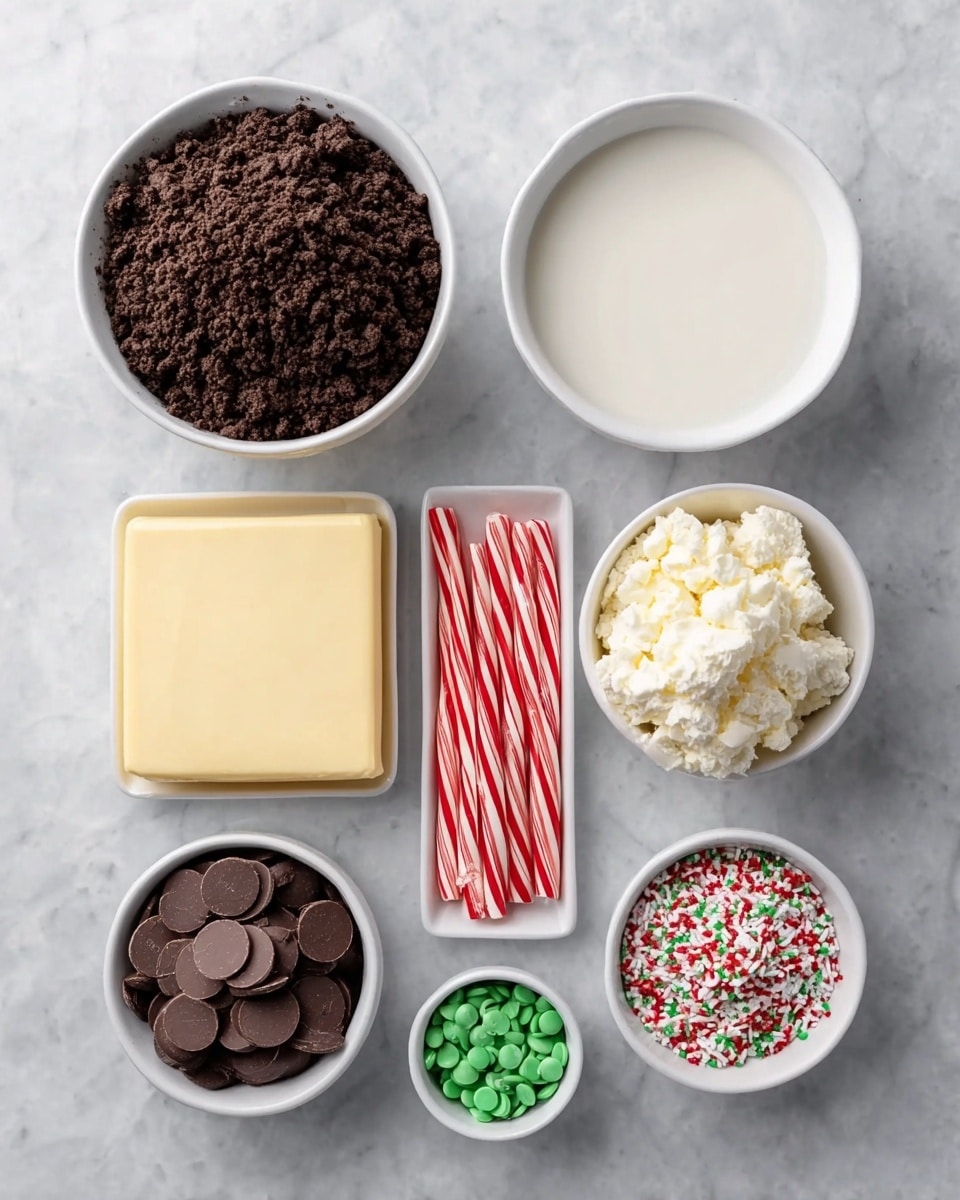 The image shows several white bowls and a slab of butter arranged on a white marbled surface. There is a large white bowl filled with dark, crumbly chocolate cookie pieces in the top left. To its right is a smaller white bowl with a smooth, white liquid. Below that is another white bowl filled with a fluffy, white cream or cheese texture. A solid pale yellow block of butter is placed below these bowls. To the bottom left, a white bowl holds several small round chocolate candies. In the center bottom, several red and white striped candy sticks stand upright. To the bottom right, two small white bowls contain green crumbled candy and red, white, and green round sprinkles. The objects are evenly spaced and neatly arranged. photo taken with an iphone --ar 4:5 --v 7