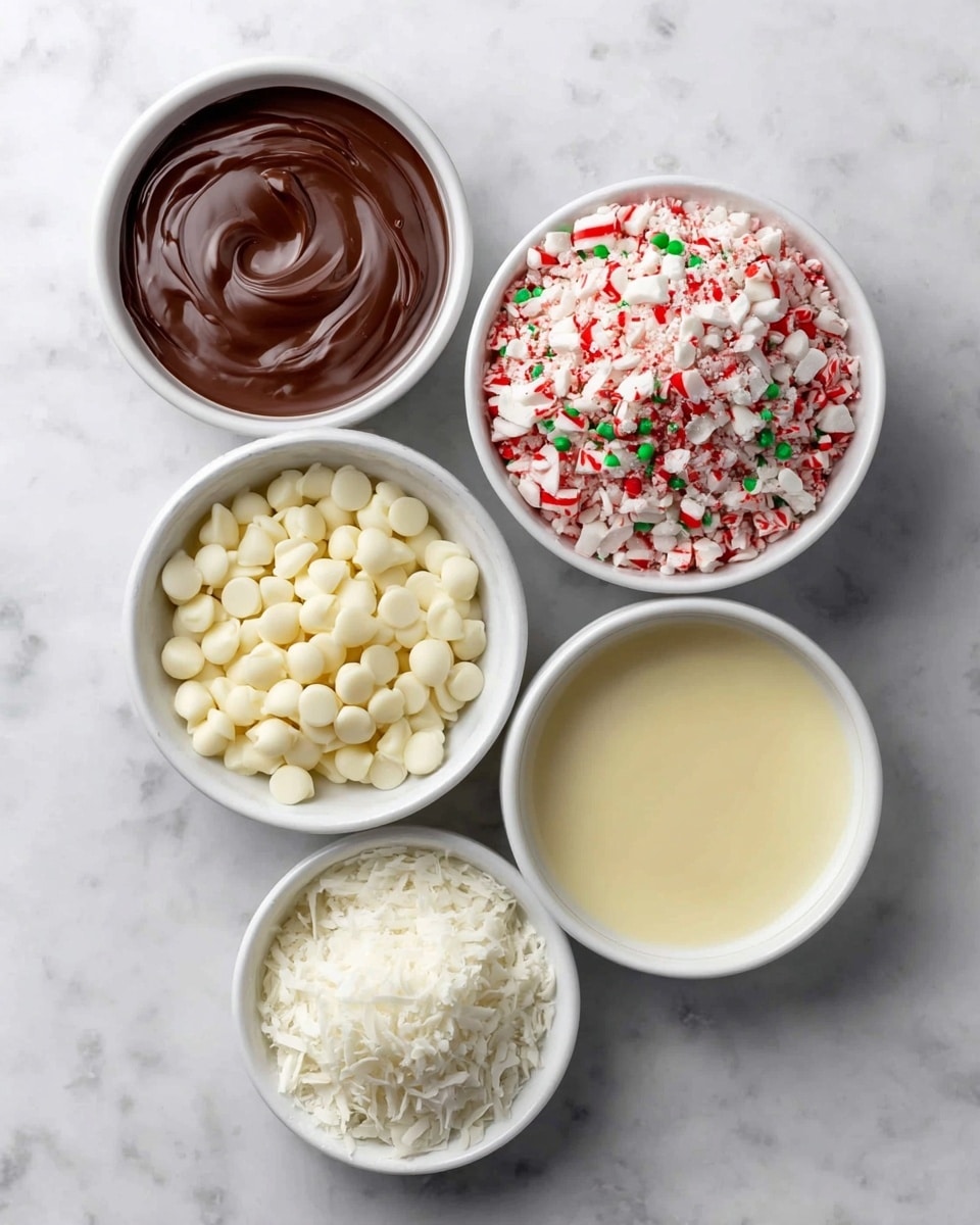 Five white bowls are placed on a white marbled surface. The top left bowl holds smooth, dark brown chocolate with a shiny, thick texture and a swirl on top. The top right bowl is filled with red and white crushed peppermint candies, mixed with small green, red, and white round sprinkles, creating a colorful and festive look. The bottom left bowl contains pale yellow, round white chocolate chips, piled high. The bottom right bowl holds fine, white shredded coconut flakes with a soft texture. The middle bowl features smooth, creamy white chocolate with a glossy finish. Photo taken with an iphone --ar 4:5 --v 7