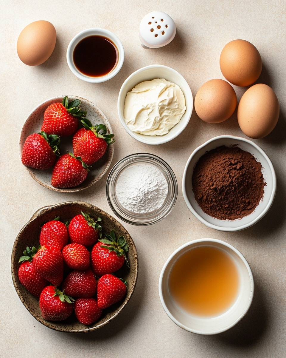 The image shows multiple small chocolate cakes arranged on a white marbled surface. Each cake has three layers: a dark brown, smooth chocolate base at the bottom, a fluffy white cream layer on top with a slightly dripping texture, and a shiny, bright red strawberry shaped like a Santa hat, positioned upside down on the cream. Each strawberry has a small white cream dot at its tip, completing the Santa hat look. Red and silver sprinkles are scattered around the cakes on the surface. Photo taken with an iphone --ar 4:5 --v 7