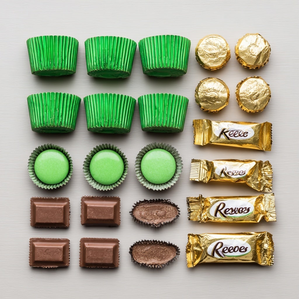 The image shows multiple small chocolate treats shaped like Christmas trees. Each treat has three green foil layers stacked like tree branches, with a gold foil base representing the trunk. The green foil is shiny and crinkled, with a small red ribbon tied in a bow and a white bead in the center on the top green layer. The chocolates are placed closely on a white marbled surface. photo taken with an iphone --ar 4:5 --v 7