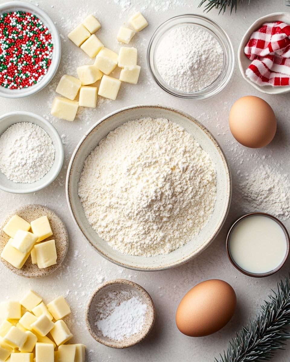 A stack of five round cookies with red and green sprinkles inside sits on a white plate, with one cookie leaning against the stack. The cookies have a light beige color and are drizzled generously with white icing that drips down the sides. Some extra sprinkles are scattered on the plate around the cookies. The background shows a soft focus white marbled texture with white bowls that also contain a sprinkle garnish, adding a festive touch. photo taken with an iphone --ar 4:5 --v 7