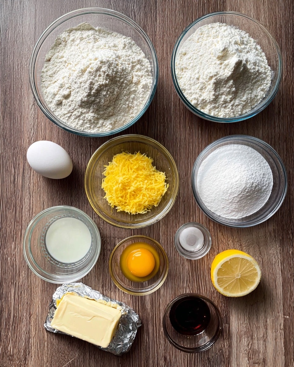 The image shows a group of round lemon cookies with cracked surfaces covered unevenly with white powdered sugar, arranged casually on a white wire cooling rack with a piece of white parchment paper underneath. The cookies have a light yellow color with rough, crinkly textures. Near the cookies, there is a clear glass bowl filled with granulated sugar placed on the cooling rack's edge. The scene is set on a white marbled surface, with part of a pink cloth draped softly in the background and a whole lemon partially visible in the bottom left corner. A small yellow lemon piece is placed on the right side of the frame. Photo taken with an iphone --ar 4:5 --v 7