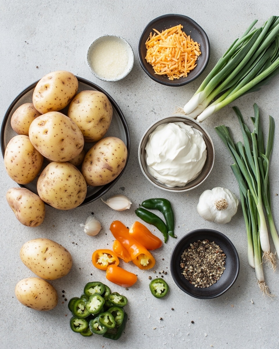 The image shows many small round chip-like snacks arranged closely on a dark baking tray. Each snack has a crispy, golden-brown base melted with cheese that is slightly browned at the edges. On top of this layer is a dollop of white sour cream, topped with small pieces of reddish-brown crispy bacon, green chopped chives, and green bits of diced pickles, giving each snack a colorful and fresh look. The baking tray has a worn texture with some oil spots around the snacks. The background is a white marbled texture. photo taken with an iphone --ar 4:5 --v 7