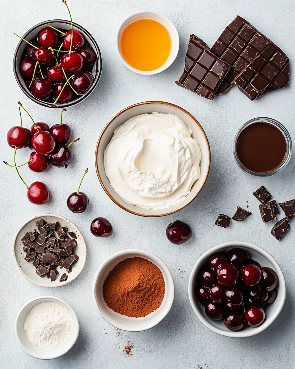 Three clear round glasses hold layered desserts placed on a white marbled surface. Each glass has four layers: the bottom is dark chocolate cake crumbs, followed by a thick creamy white layer, then a dark red cherry sauce with visible fruit pieces, and another creamy white layer on top. The desserts are finished with small dark chocolate shavings scattered over the top cream. Two spoons lie beside the glasses on the white marbled surface. Photo taken with an iphone --ar 4:5 --v 7