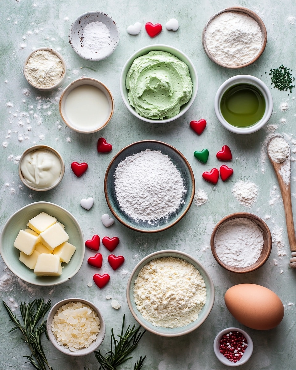 A stack of four bright green pancakes sits on a white plate on a white marbled surface. Each pancake is thick and soft with a smooth texture, lightly browned on the side. Between the pancakes, there is visible green color with a bit of white cream layered inside. On top of the stack, there is a dollop of pale green whipped cream in the center, surrounded by a white icing layer that spreads out unevenly near the edges. Small red heart-shaped sprinkles are scattered on the white icing and a few on the plate. A fork is lifting a piece of the top pancake, showing the soft inside. The background has a hint of red fabric. Photo taken with an iphone --ar 4:5 --v 7