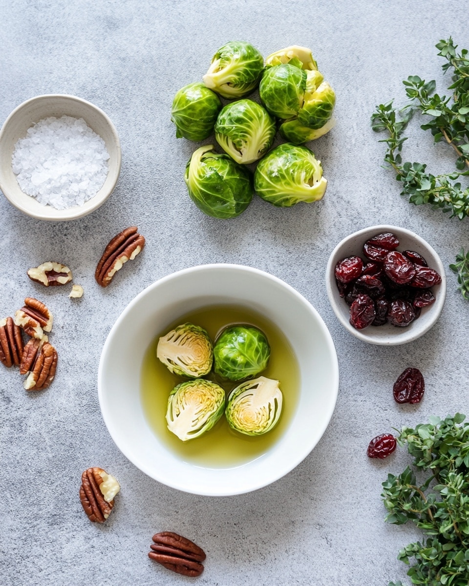 A white plate holds a pile of roasted Brussels sprouts, each cut in half showing a mix of bright green and golden brown from roasting. Scattered on top are small red dried cranberries and rough pieces of pecans that add a reddish and brown contrast. White crumbles of cheese are spread unevenly over the vegetables, adding texture and extra color. The plate sits on a white marbled surface, enhancing the natural colors of the dish, photo taken with an iphone --ar 4:5 --v 7