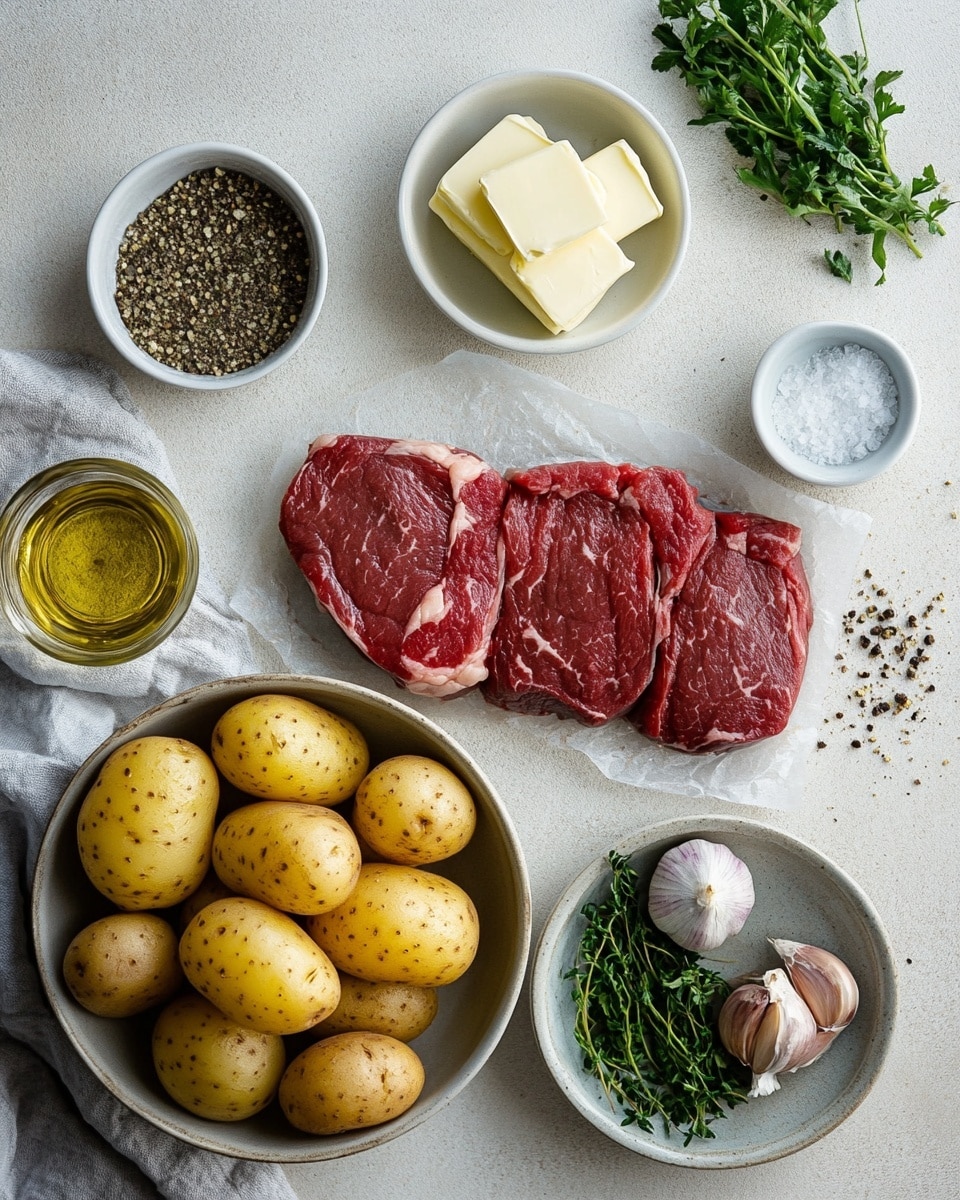 The image shows a close-up of a white plate filled with thick, juicy, brown cubes of cooked beef, each piece glistening with a light sauce and sprinkled with small bits of green parsley. To the right side of the plate, there are golden roasted baby potatoes, some whole and some cut in half, with browned, slightly crispy surfaces and sprinkled with herbs. The plate sits on a white marbled surface, highlighting the rich colors of the beef and potatoes. photo taken with an iphone --ar 4:5 --v 7