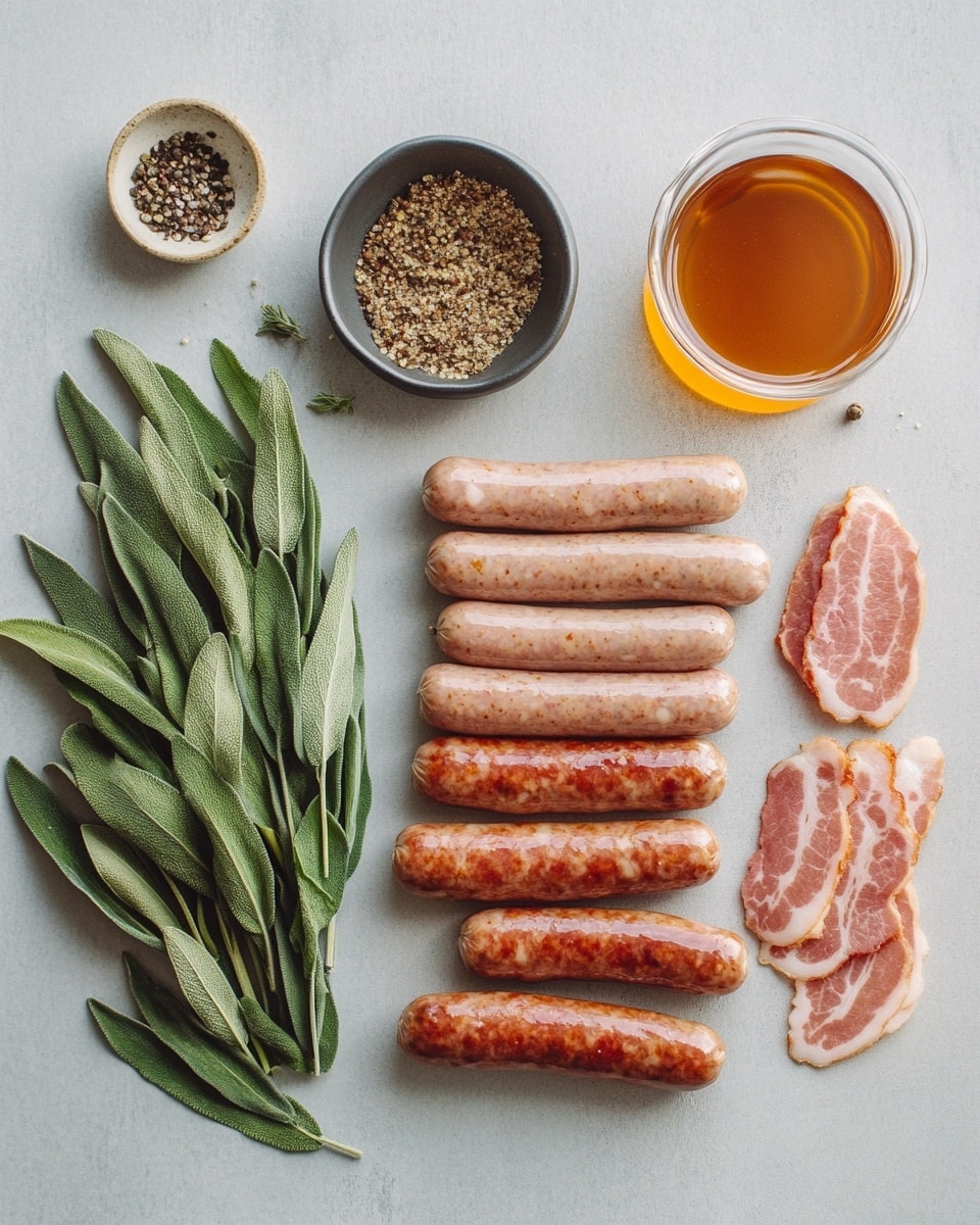 A white oval plate sits on a white marbled surface, filled with two layers of shiny, dark brown sausages wrapped in bacon, stacked neatly in a crisscross pattern. The sausages are glazed with a sticky, glossy sauce and sprinkled with small green herb leaves, giving a fresh look. A silver fork rests beside the sausages on the plate. In the background, there are blurred white containers and a glass jar holding silver spoons and forks. A white cloth is placed casually near the plate. Photo taken with an iphone --ar 4:5 --v 7