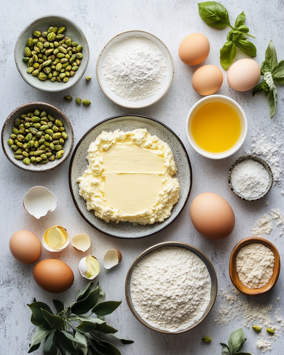 A small round cake with a rough green outer layer dusted with white powdered sugar, topped with scattered chopped pistachios. The inside shows a glossy, thick green filling oozing onto a white plate with more chopped pistachios around it. The plate rests on a white marbled surface with a blurred silver spoon in the background. photo taken with an iphone --ar 4:5 --v 7