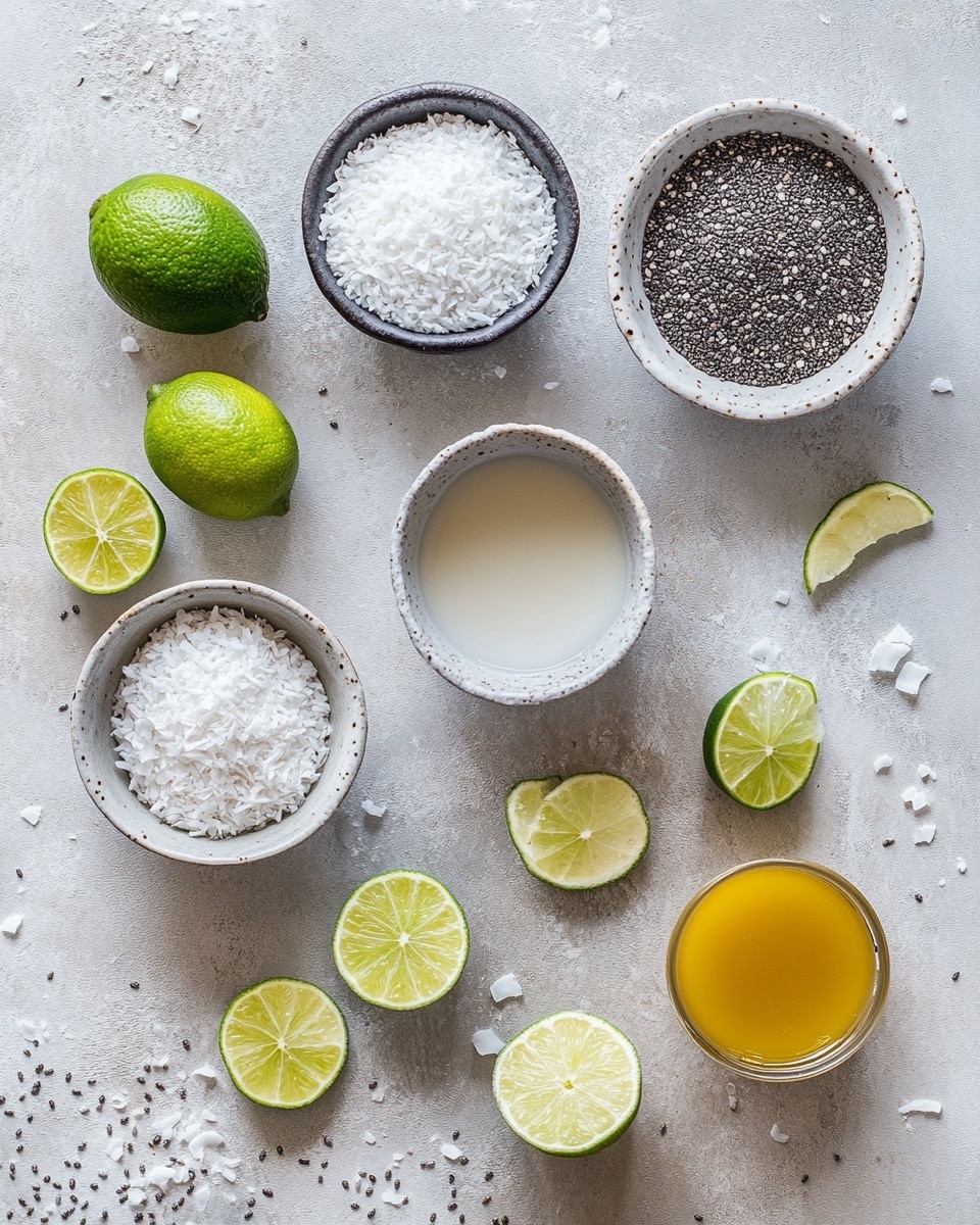 The image shows five square pieces of a creamy dessert on a white plate, each piece having two layers: a light brown base and a thick white layer sprinkled with black chia seeds and shredded coconut on top. Some pieces are garnished with small green lime zest and two pieces have a wedge of fresh lime placed on top. A vintage silver spoon rests on the plate with a half lime slice on it. The background is a white marbled surface, and the overall look is fresh and vibrant. Photo taken with an iphone --ar 4:5 --v 7