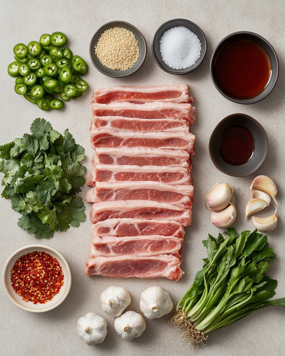 A silver metal pan holds dark brown glazed pieces of pork belly with a shiny texture, topped with small green scallion rings and tiny red chili bits, all sitting in a dark sauce. The pan is placed on a surface with a white marbled texture. Above it to the right, there is a white bowl filled with cooked fried rice mixed with scrambled egg pieces, showing pale yellow and light brown colors. Around the pan, there is a silver spoon with brown sauce remnants, a small black bowl with red chili slices, and a small white bowl filled with chopped green scallions. A dark blue cloth is folded under the pan handle on the bottom right. photo taken with an iphone --ar 4:5 --v 7
