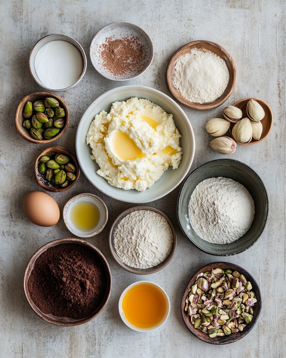 The image shows many round chocolate cookies laid out on a white marbled surface. Each cookie has a top layer of dark chocolate drizzle spread in thin lines and is sprinkled with crushed green pistachio pieces. One cookie is cut in half, revealing two layers: a soft yellow pistachio filling in the middle wrapped by the dark brown cookie dough outside. Another cookie has a bite taken from it, showing the same two layers. Small pieces of pistachios and thin chocolate streaks are scattered around the cookies, adding texture and color contrast. A white bowl filled with more pistachio nuts is seen on the right side of the image. photo taken with an iphone --ar 4:5 --v 7