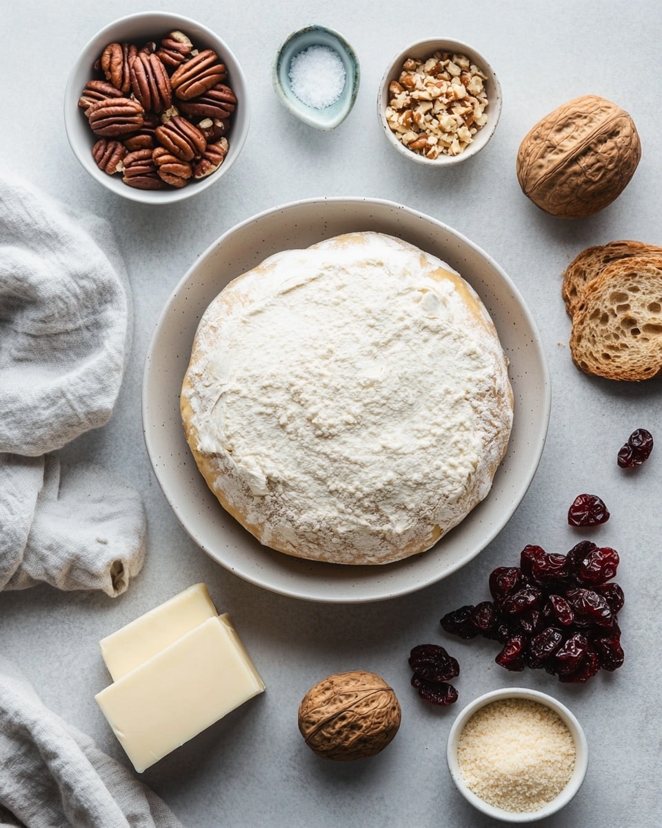 The dish shows a round bread loaf torn into sections and filled with melted cheese that stretches as a piece is lifted with a fork by a woman's hand. The bread is golden brown with a soft inside, topped with small dark red dried berries and some nuts scattered on and inside the cheese. The bread sits on light brown parchment paper on a plate, with a softly lit dark background and round yellow lights blurred behind. The whole scene rests on a white marbled texture. photo taken with an iphone --ar 4:5 --v 7