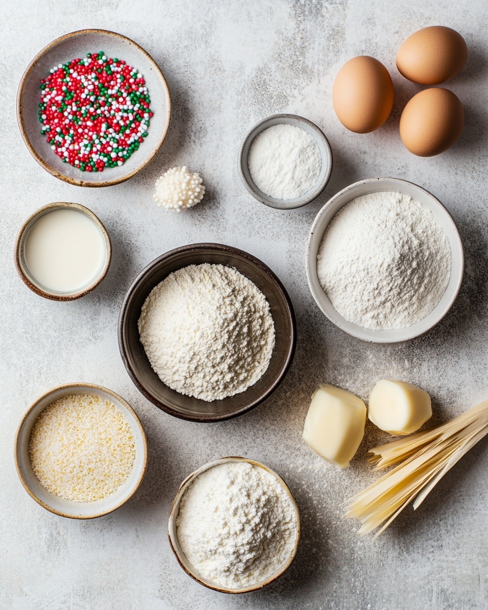 A loaf of festive cake sits on a long white plate placed on a white marbled surface. The cake is light-colored with red and green sprinkles mixed evenly inside. On top, a white icing covers the cake, drizzled smoothly with more red and green round sprinkles scattered all over. The cake is sliced into several thick pieces, showing the colorful specks inside. Around the plate, Christmas decorations like pine branches, red baubles, and pinecones create a warm holiday feel. Photo taken with an iphone --ar 4:5 --v 7