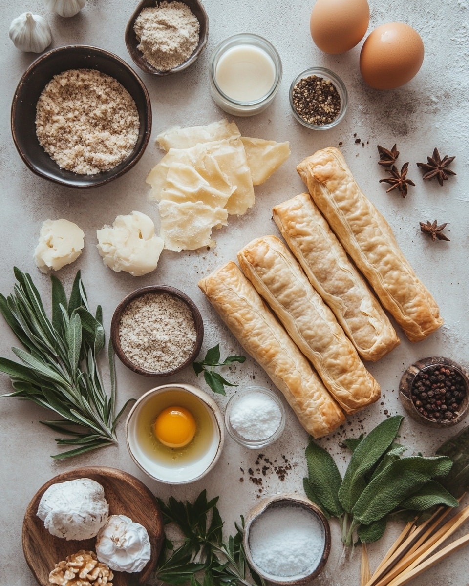 Three golden brown pastries with a shiny, flaky crust are stacked on a wooden board. Each pastry is rectangular with crimped edges and visible layers of puff pastry that wrap around a filling of cooked sausage, which is slightly browned and juicy, peeking out from the ends. The background is a soft white marbled surface with blurred silver decorations adding a festive feel. photo taken with an iphone --ar 4:5 --v 7
