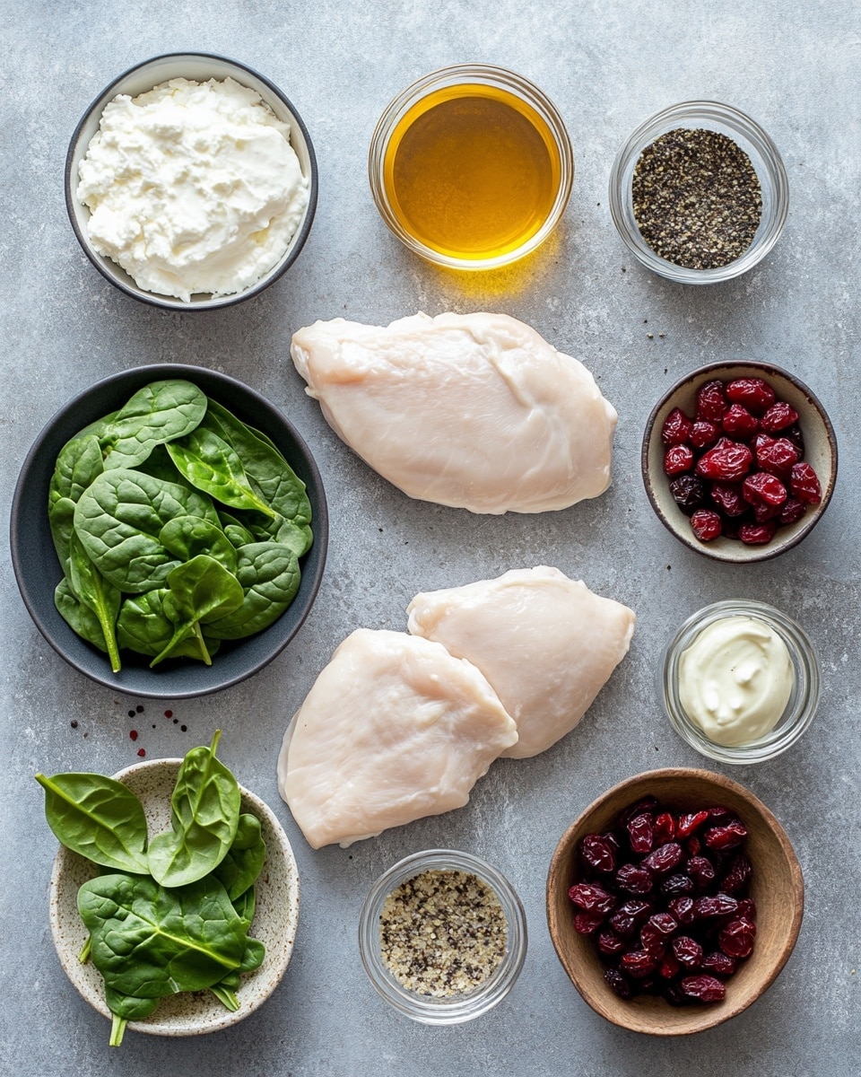 The image shows a close-up of three thick slices of cooked chicken placed on a white plate over a white marbled surface. Each piece of chicken is stuffed with a green leafy spinach and creamy white cheese mixture visible inside the soft white chicken meat. The outside of the chicken has a light brown crispy texture with herbs sprinkled on top. Bright red dried cranberries are placed on top and around the chicken for color, along with fresh green rosemary sprigs for garnish. The lighting highlights the juicy, tender texture of the chicken and the rich colors of the spinach, cheese, and cranberries. photo taken with an iphone --ar 4:5 --v 7