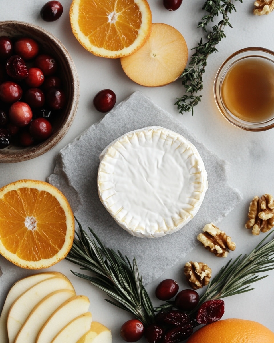 A round white cheese wheel with a soft cream-colored rind is topped with a thick layer of dark red fruit jam that has a glossy texture. On top of the jam, there is a generous pile of shiny, caramelized walnuts with a rich brown color. Around the cheese, a circle of round, golden crackers is neatly placed on a white marbled surface. In the foreground, slices of red and yellow apple with smooth skin lean against the cheese. A small green rosemary sprig and a bright orange slice garnish the top left of the cheese, adding fresh green and vibrant orange colors. Photo taken with an iphone --ar 4:5 --v 7