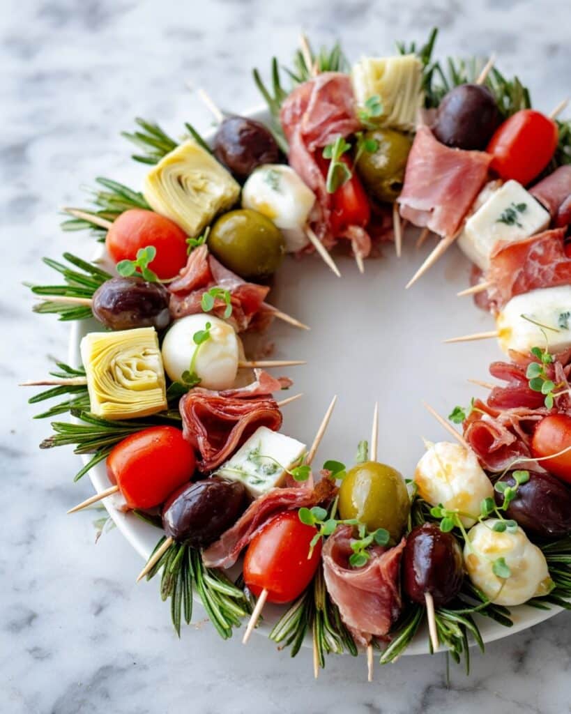 Charcuterie Wreath with Salami, Pepperoni, Prosciutto, Mozzarella Pearls and Fresh Herbs Recipe