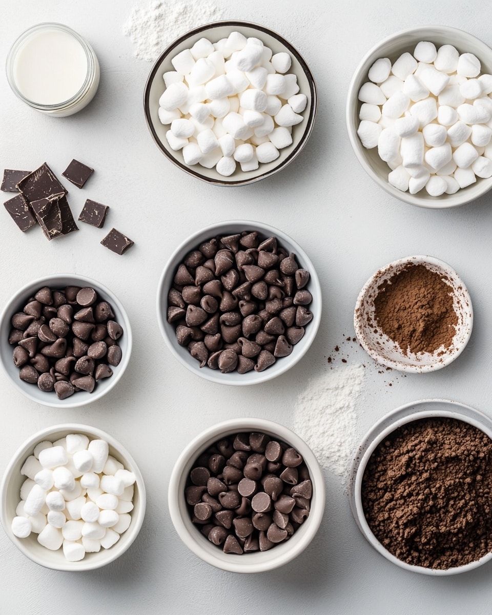 The image shows a stack of small square pieces of chocolate fudge mixed with white mini marshmallows. Each fudge piece has a rich, dark brown color and is filled with chunks of marshmallows inside, with more marshmallows scattered on top. The fudge squares are placed on a white plate, with a white marbled surface beneath. The background includes soft hints of red and white, adding to the cozy feel of the scene. photo taken with an iphone --ar 4:5 --v 7