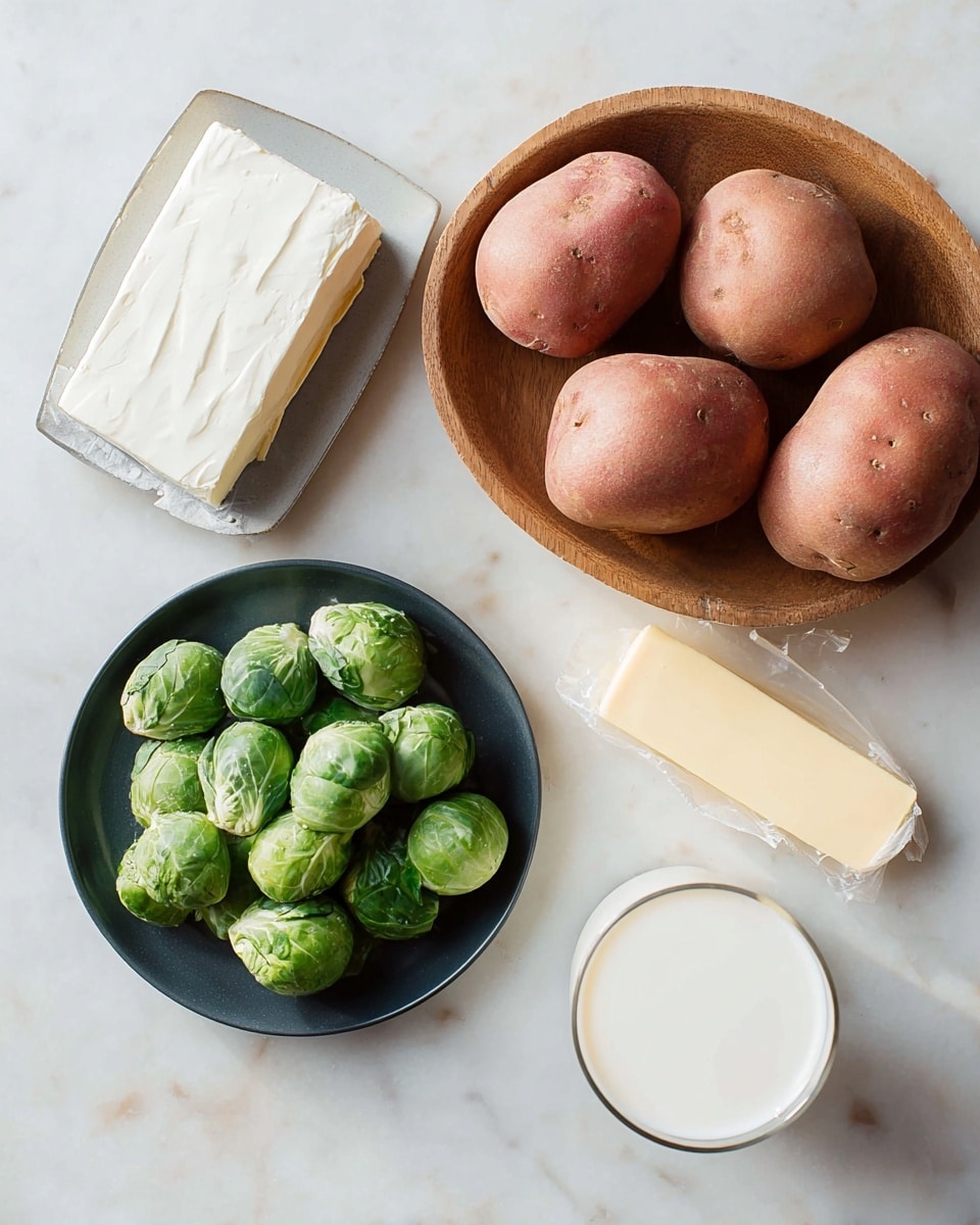 A round black cast iron pan holds a dish with two main layers. The bottom layer is creamy mashed potatoes spread in a spiral pattern, pale off-white with specks of black pepper, filling most of the pan. On the top right side, there is a generous layer of roasted Brussels sprouts, dark green with some browned edges, mixed with small crumbles of light blue cheese sprinkled over the potatoes and greens. The pan has light green handles, and it sits on a dark wooden surface with scattered fresh Brussels sprouts and leaves around a small white bowl filled with whole Brussels sprouts in the top right corner. Photo taken with an iphone --ar 4:5 --v 7