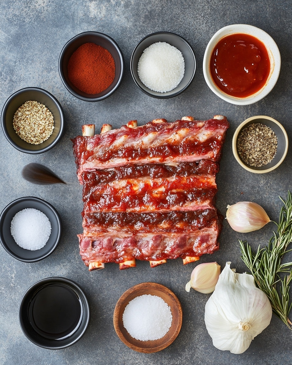 A white oval plate holds a large rack of ribs covered in shiny, dark brown barbecue sauce, with three ribs separated at the front showing tender, light brown meat inside and sauce dripping around them. To the right of the ribs is a small white cup filled with thick dark brown barbecue sauce. The background shows a white marbled surface with a corner of a white plate and a fork visible on the right side, and a black and white striped cloth partially visible on the bottom left. The ribs look juicy and coated with a glossy layer of sauce photo taken with an iphone --ar 4:5 --v 7
