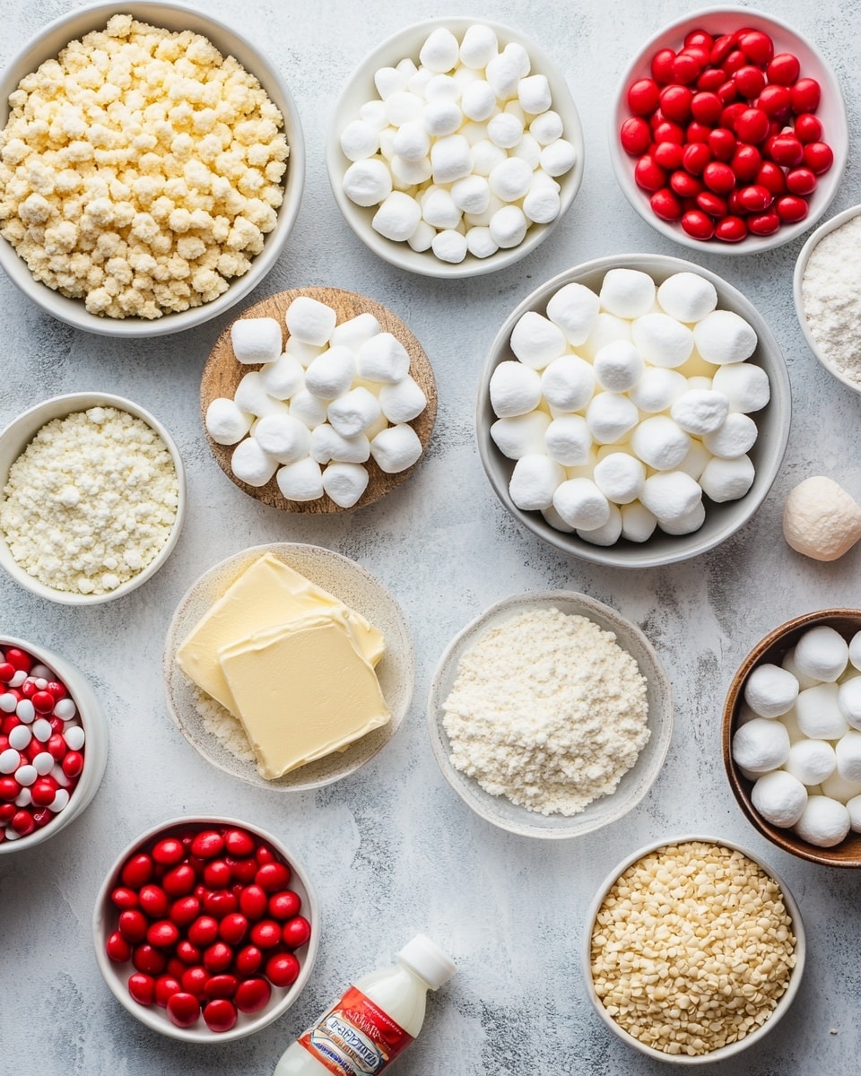 The image shows several small wreath-shaped treats made of bright green corn flakes clumped together with a sticky texture. Each wreath has three small, smooth, shiny red candy balls placed together as decoration, resembling berries. The wreaths sit on a white marbled surface, appearing fresh and colorful with a slight gloss from the sticky coating. The colors contrast well with the red candies standing out on the green wreaths. In the background, there is a clear bowl filled with more of the small red candies, slightly blurred to keep focus on the wreaths in the front. photo taken with an iphone --ar 4:5 --v 7