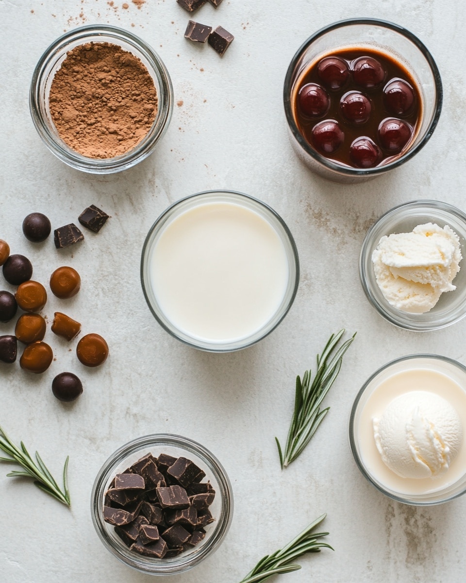A clear glass mug filled with a dark brown creamy drink topped with a thick, white whipped cream layer that overflows slightly down the sides. On top of the whipped cream is a single red cherry centered with two sprigs of green rosemary behind it, resembling antlers. A black and white striped straw sticks out from the whipped cream on the left side. The mug sits on a white marbled surface with small scattered cocoa powder and several small bottles of golden amber liquid with red caps placed around it. Photo taken with an iphone --ar 4:5 --v 7