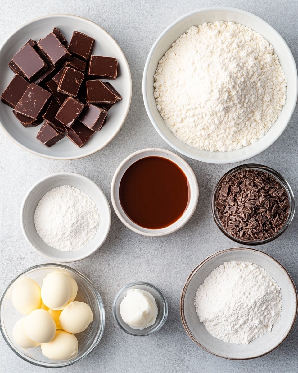 A stack of three chocolate crinkle cookies is shown, with the top cookie broken in half to reveal a rich, smooth chocolate filling inside. Each cookie has a cracked surface covered in white powdered sugar, contrasting with the dark brown, soft cookie dough underneath. The cookies sit on a wire rack over a white marbled surface, with more cookies blurred in the background. The texture of the cookies looks soft and chewy with the shiny chocolate filling oozing slightly from the broken top cookie. Photo taken with an iphone --ar 4:5 --v 7