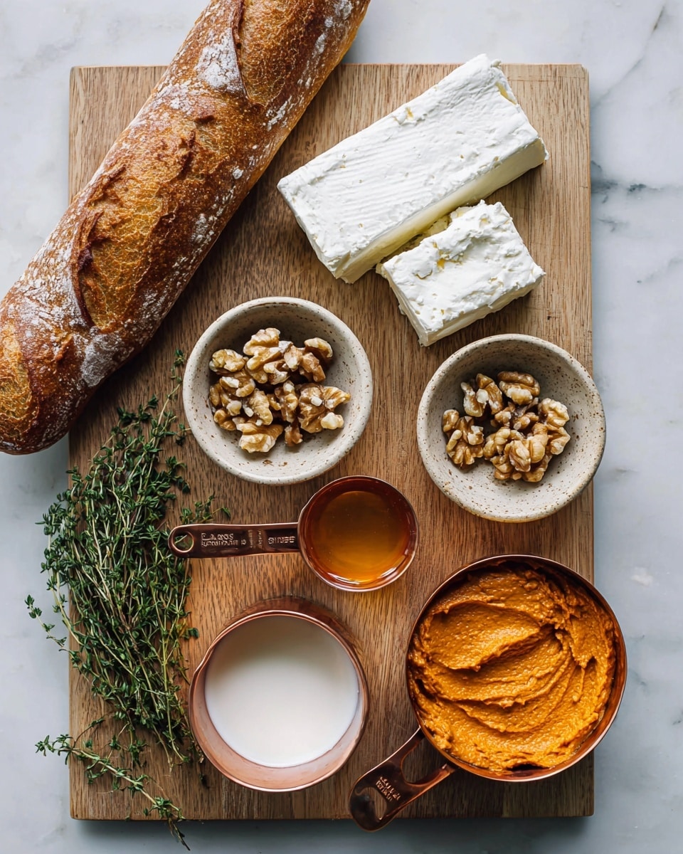 The image shows a wooden cutting board on a white marbled surface with six food items arranged neatly. On the left side, there is a golden brown loaf of bread with a rough crust and two deep slices on top. Below the bread, two sprigs of fresh green thyme lay diagonally. Near the center, a small white bowl holds a clear, amber-colored liquid with tiny black specks. To the top right, two blocks of crumbly white cheese sit in a white bowl. Below that, a measuring cup filled with bright orange spread with a slightly rough texture rests on the board. At the bottom, another measuring cup, filled with smooth, white cream, is placed with its handle pointing toward the bottom of the image. Lastly, a white bowl near the bottom right contains uneven pieces of brown walnuts. photo taken with an iphone --ar 4:5 --v 7