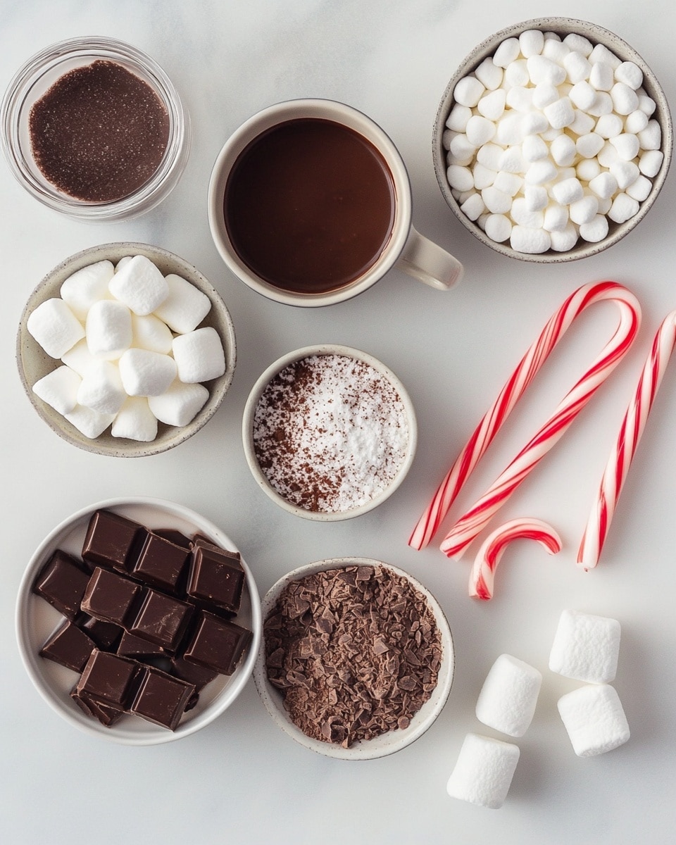 The image shows two dark chocolate cups filled with small white marshmallows, sitting on light brown parchment paper placed on a white plate with a white marbled textured surface underneath. Each chocolate cup has a rim covered with colorful crushed red and white candy pieces and small round sprinkles. The marshmallows inside are topped with a drizzle of melted dark chocolate that runs down the sides. Between the two cups, a red and white striped candy cane rests partly visible. Scattered around the plate and parchment are a few loose marshmallows, bits of crushed candy, small round sprinkles, and a small streak of melted chocolate sauce. In the blurred background another similar chocolate cup can be seen, sitting on another white plate. photo taken with an iphone --ar 4:5 --v 7