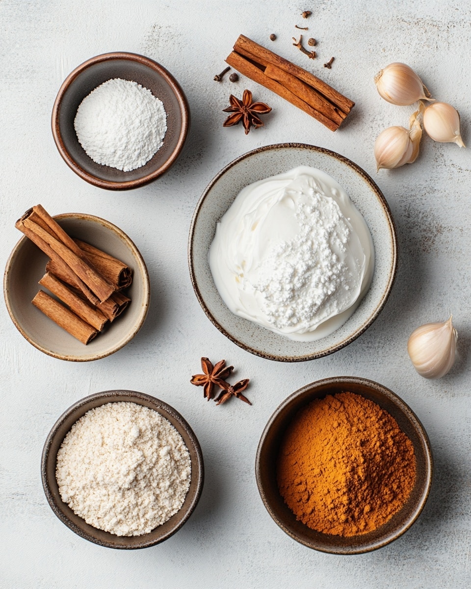 The image shows a single dessert in a red ramekin placed on a small wooden board. The dessert has a tall, swirled top layer of light brown cream dusted with cinnamon or cocoa powder. Around the wooden board, there are two cinnamon sticks. The background is a bright pink cloth with green bead garlands, acorns, and pine cones scattered around. The scene is vibrant with a festive feel. Photo taken with an iphone --ar 4:5 --v 7