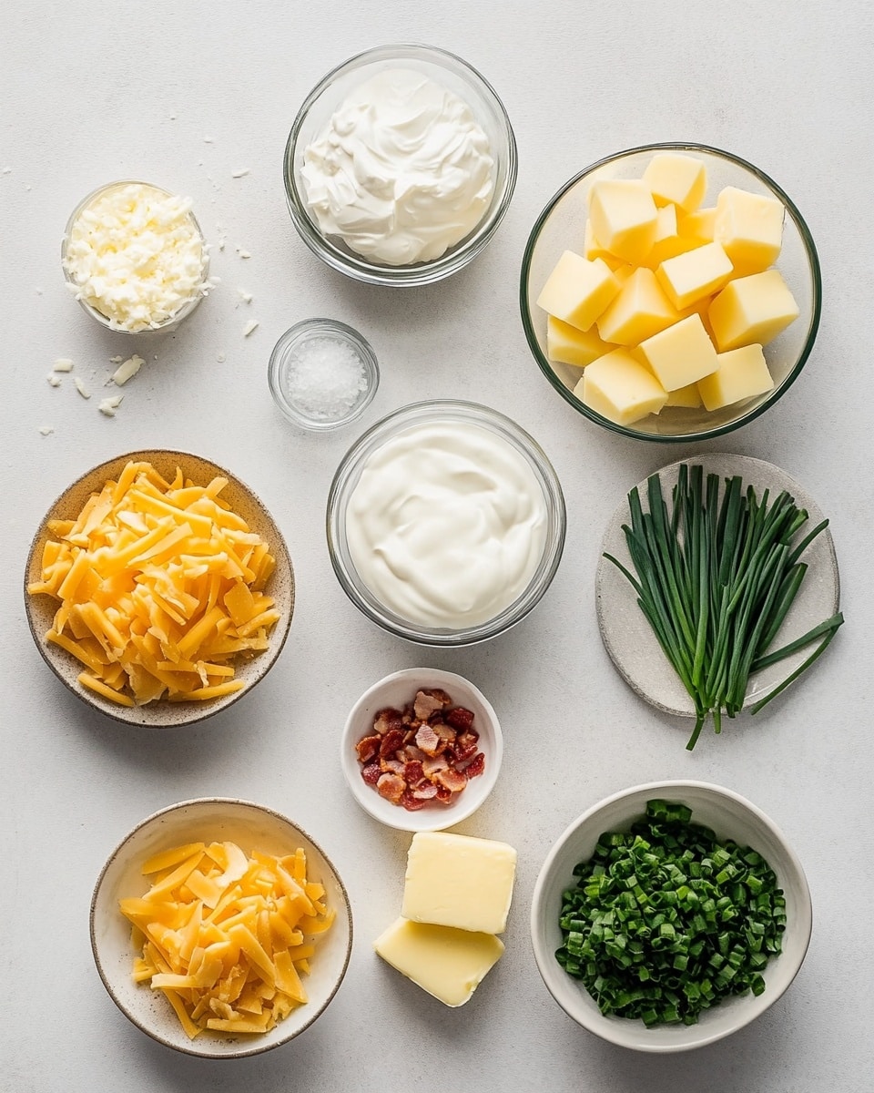 The image shows a close-up of pieces of cooked potato with skin, coated with melted yellow cheese and small bits of crispy bacon mixed in. There are small pieces of green herbs sprinkled throughout for color contrast. The potato pieces look soft and slightly chunky, covered unevenly with the cheese and bacon. A silver fork holds a bite-sized portion lifted above a white plate filled with the same cheesy potato dish. The background features a blurred blue cloth on a white marbled surface. photo taken with an iphone --ar 4:5 --v 7