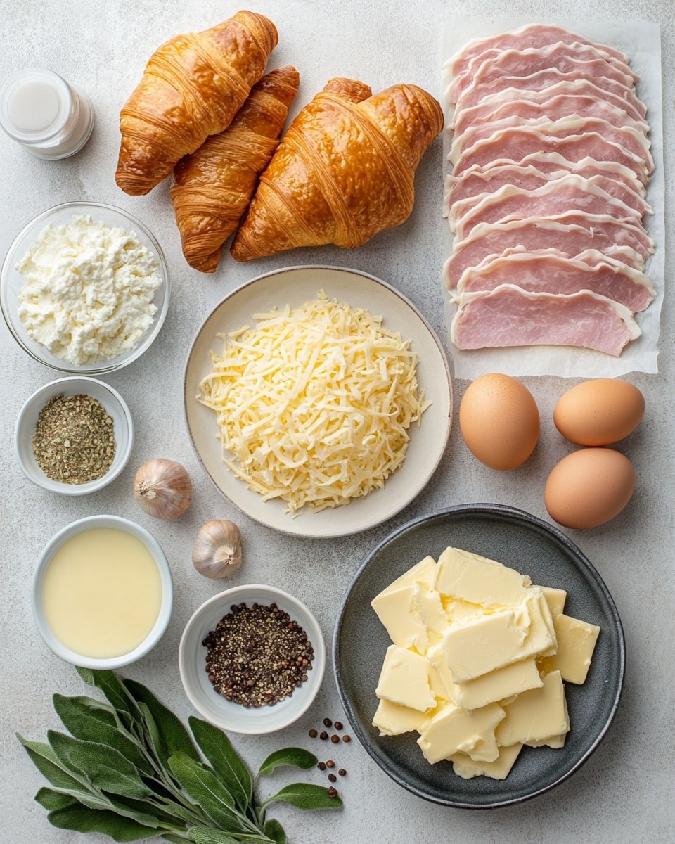A close-up of a baked dish in a white rectangular ceramic pan showing multiple browned croissant pieces layered on top and between slices of pink ham. The croissants are golden brown and flaky with melted cheese bubbling in the gaps around them. The surface is sprinkled with small green herbs and coarse mustard seeds, adding texture and color contrast. The pan sits on a wooden table with some fresh herb sprigs and a small white bowl of chopped green onions visible in the background. photo taken with an iphone --ar 4:5 --v 7