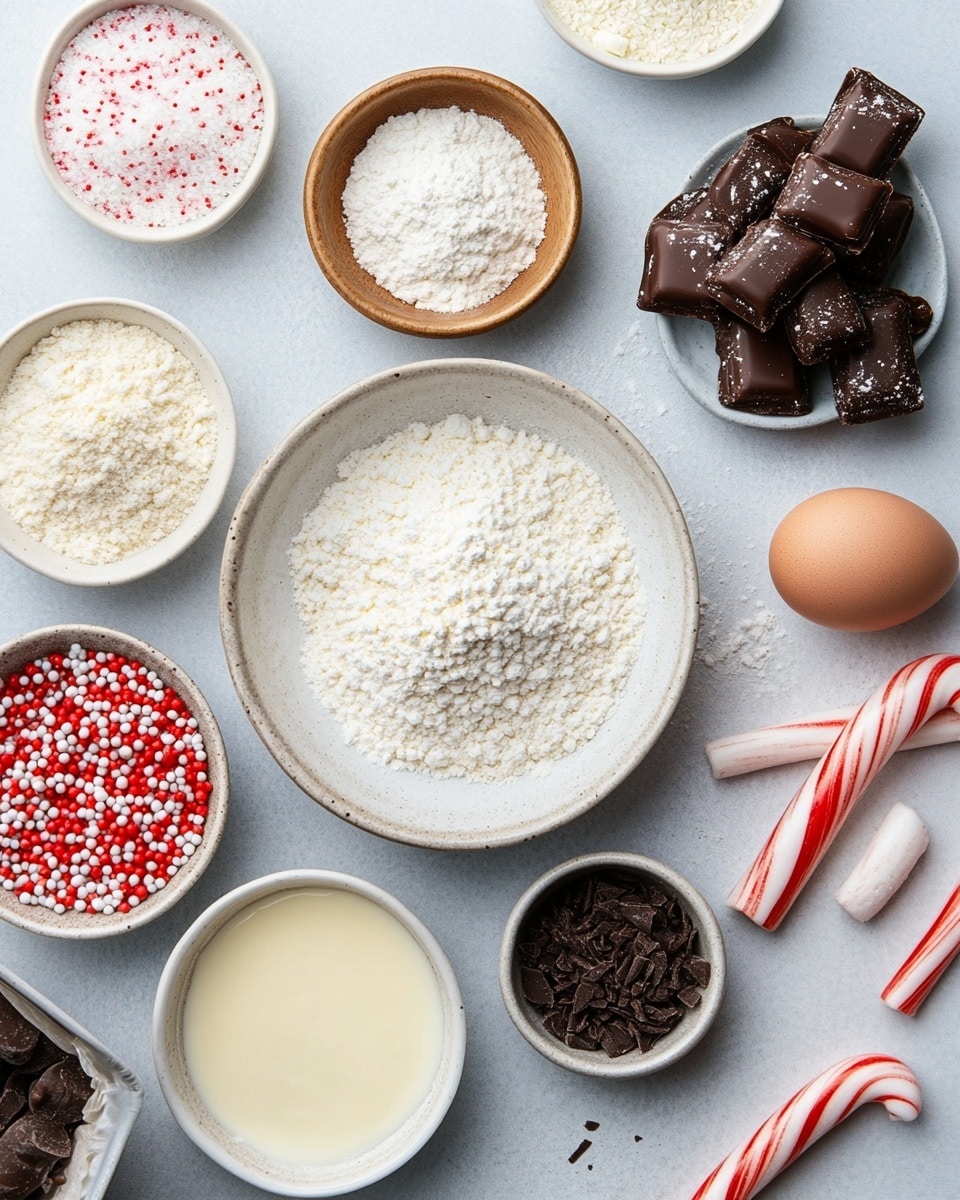 The image shows several round cookies with a light golden color covered with small round sprinkles in red, green, and white colors. Each cookie has a large striped candy on top, which is white with red swirls. One cookie is bitten, showing a soft, crumbly inside and a smooth candy top. The cookies are close together on a dark red surface with white swirled patterns, all placed on a white marbled texture. Photo taken with an iphone --ar 4:5 --v 7