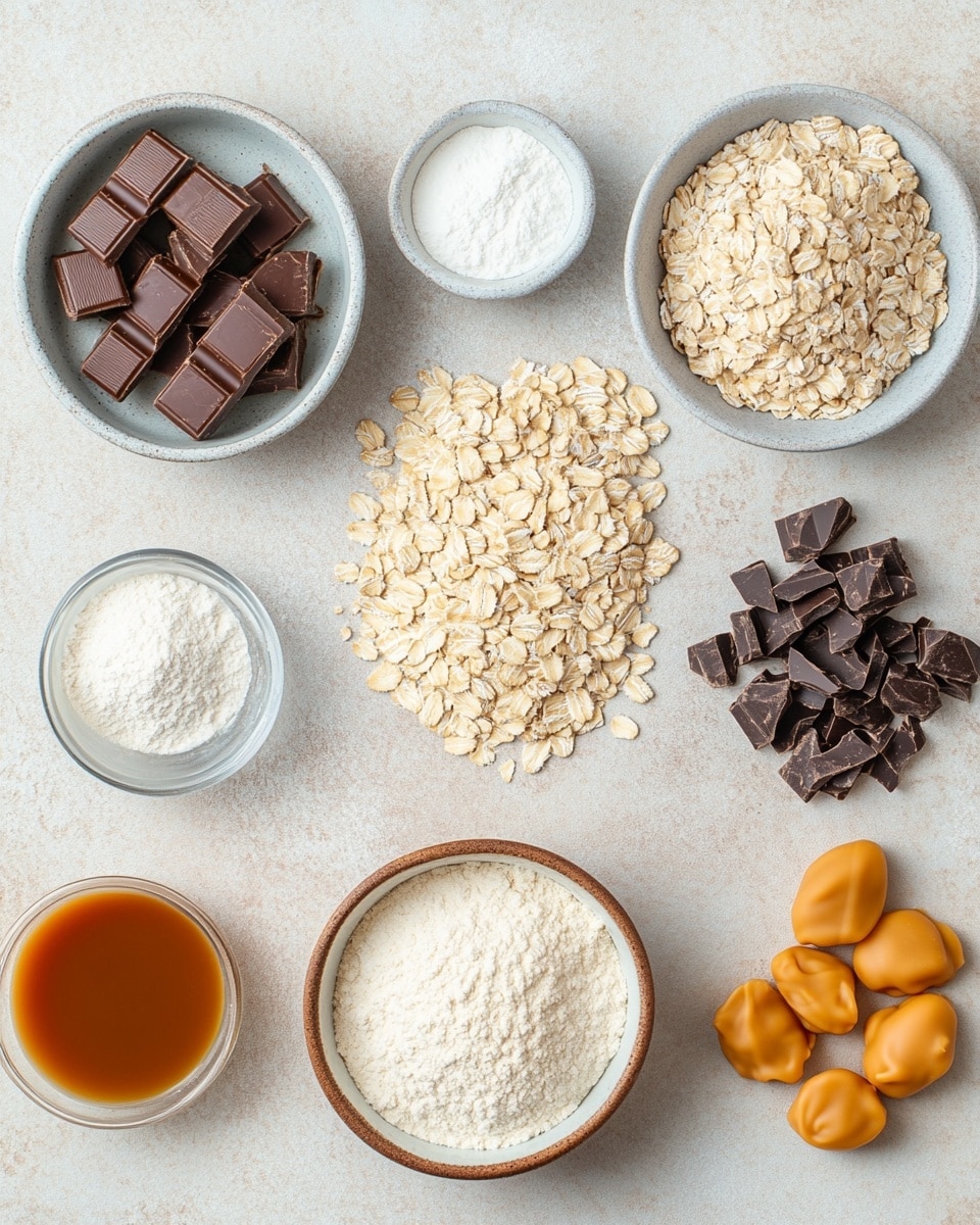 A close-up view of a stack of oat bars on a white plate with small speckles. Each bar has three visible layers: the top and bottom layers are golden-brown oat crumbly crusts with rough, uneven texture, and the middle layer is a rich combination of melted chocolate chunks and caramel that slightly drips out, showing glossy and smooth textures in dark brown and caramel orange colors. The bars are cut into square shapes, stacked in a slightly messy way, and placed on a white marbled surface. Small bowls with baking ingredients are blurred in the background. Photo taken with an iphone --ar 4:5 --v 7