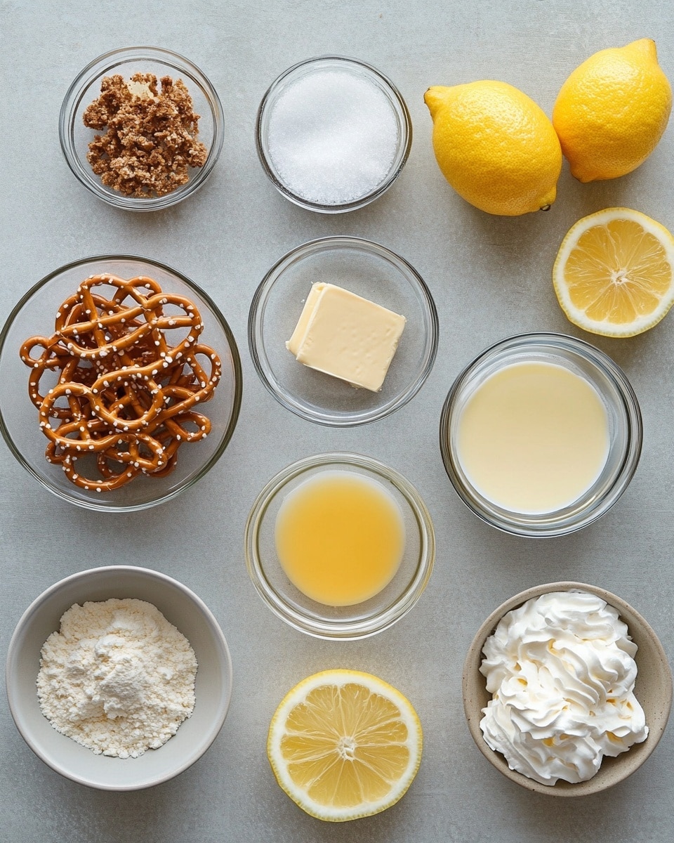 The image shows six small white dishes placed on a white marbled surface, each containing a different ingredient. At the top left, there is a white bowl filled with granulated sugar, with a wooden spoon resting on top. To the right, there is a white bowl filled with smooth, fluffy white whipped topping. Below, a round glass bowl holds bright yellow lemon pie filling with a glossy texture. To its right, a small white pitcher contains melted butter, shining with a smooth surface. Next to the butter, a white plate holds several yellow lemon slices arranged in a fanned-out pattern. At the bottom left, a round glass bowl is filled with light brown crushed pretzels, showing small crunchy pieces. Finally, at the bottom right, a white plate holds two blocks of smooth cream cheese, creamy white in color. photo taken with an iphone --ar 4:5 --v 7