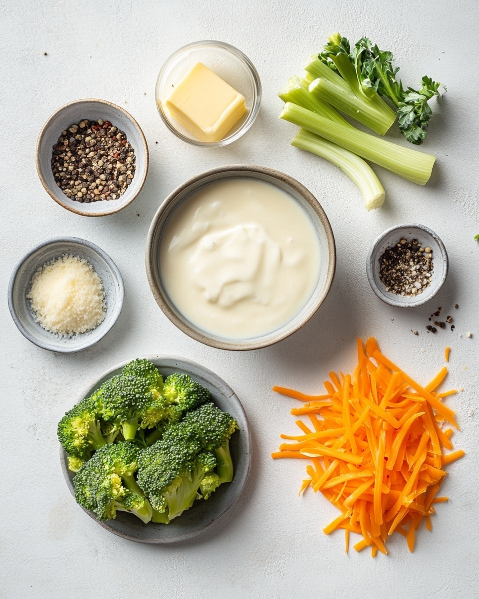 A round bread bowl with a golden brown crust holds a creamy soup mixed with green broccoli florets and thin orange carrot strips. A silver spoon with a soft pattern is scooping some of the thick white soup, showing the smooth, rich texture. In the background, a white bowl with thin blue stripes sits on a white marbled surface, partly visible, holding more of the same creamy soup. A woman's hand is holding the spoon above the bread bowl, ready to serve. photo taken with an iphone --ar 4:5 --v 7