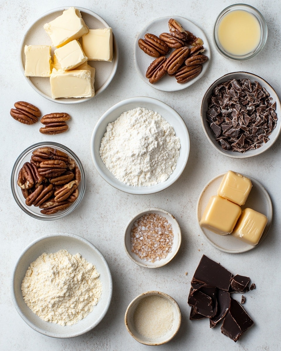 The image shows a white plate with a black rim filled with a stack of ten round cookies, each topped with a whole pecan half in the center and small pecan pieces mixed in the golden-brown cookie dough, giving a textured look. Around the plate, a white marbled surface holds a bowl filled with whole pecans on the right, a single cookie on a white plate with black polka dots at the bottom right, and a glass of milk on the left with two black-and-white striped paper straws inside. A black-and-white zigzag patterned cloth is partially visible on the left side. The scene is bright and clean with a simple and fresh style photo taken with an iphone --ar 4:5 --v 7