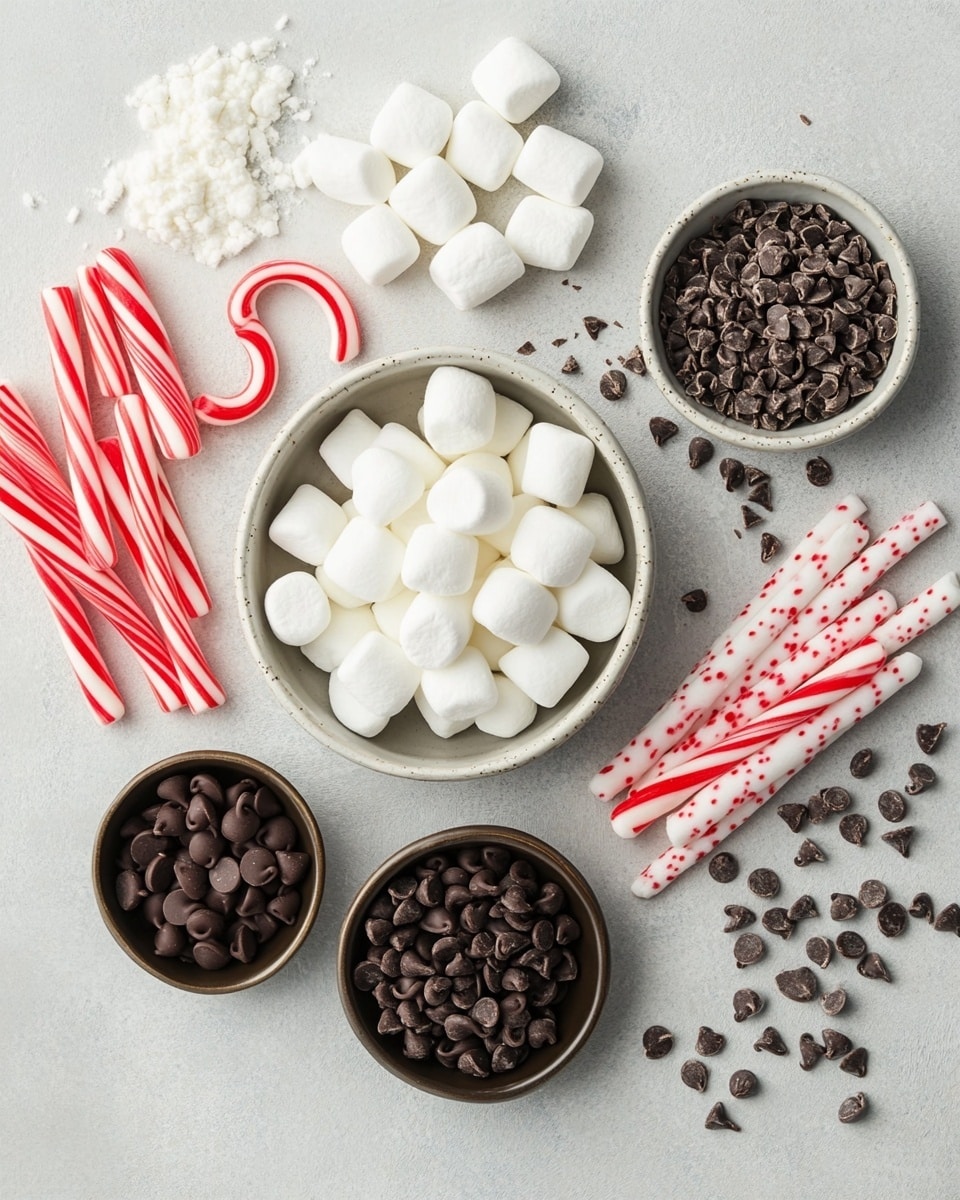The image shows several white marshmallows, each dipped halfway in dark chocolate and then covered with crushed candy canes around the chocolate part. Each marshmallow has a small red and white striped candy cane stuck vertically into the top. The candy canes create an arch shape sticking out from the marshmallows. They are arranged together on a shiny white plate placed on a white marbled surface with a red blurred background. Photo taken with an iphone --ar 4:5 --v 7