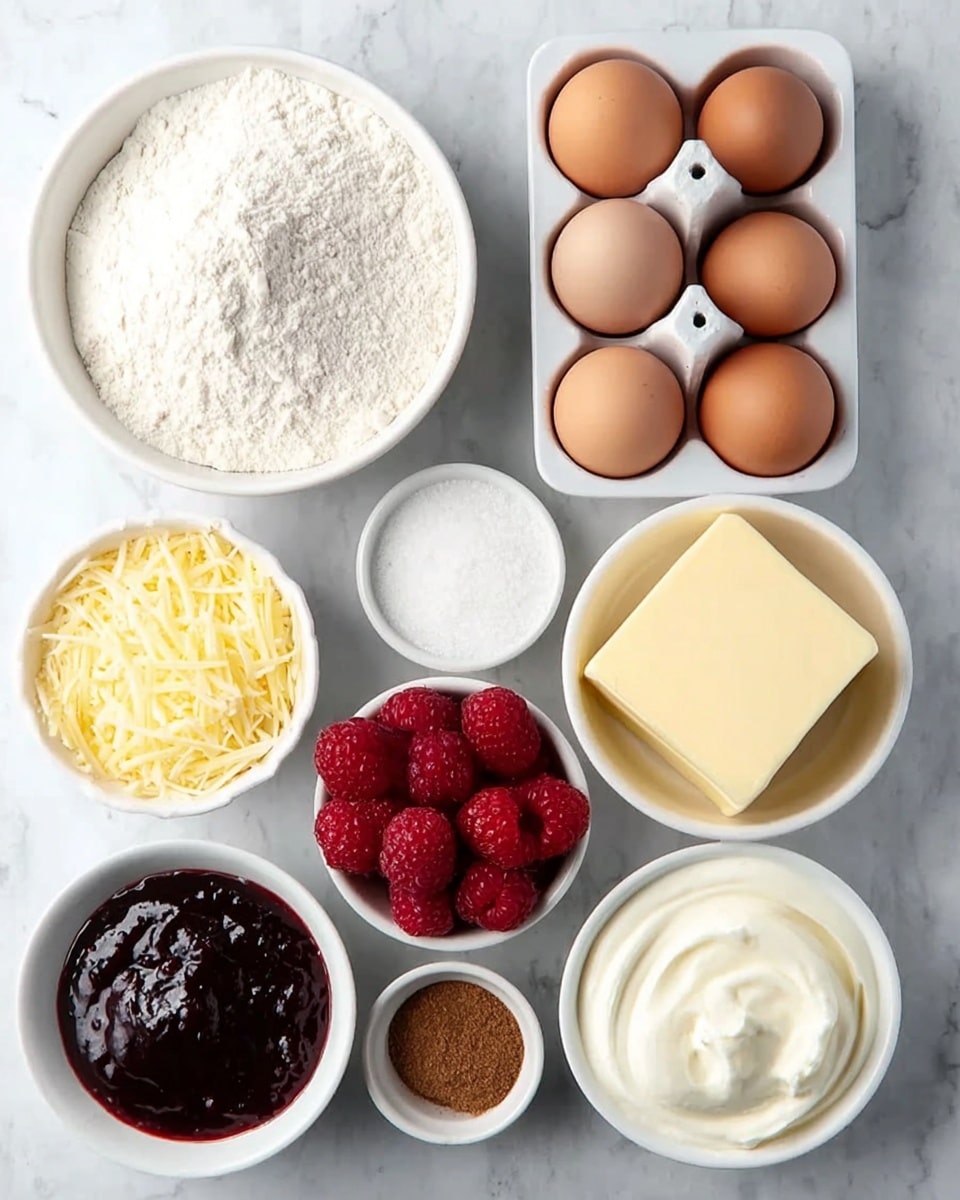 The image shows an arrangement of ingredients on a white marbled surface. There are ten light brown eggs in a white egg holder on the top right. Next to it, on the left, is a full white bowl of white flour with a fine texture. Below that, a small white bowl contains granulated white sugar. To the right of the sugar, a small white bowl holds thin yellow shredded cheese. In the center is a larger white bowl filled with smooth, white cream. Nearby, a round clear glass bowl contains white milk. To the right of the milk is a small white dish with brown powder, possibly cinnamon or another spice. Below the cream is a small white bowl filled with shiny dark red jam. At the bottom left, a white bowl is full of fresh red raspberries. Finally, in the bottom right corner, a white bowl holds a block of pale yellow butter. Photo taken with an iphone --ar 4:5 --v 7