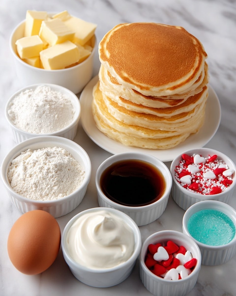 A stack of eight golden-brown pancakes with soft edges sits on a white plate to the left. Around the plate, there are small white bowls holding different ingredients: pale yellow butter sticks, white flour with a slightly rough texture, thick white cream or yogurt, dark brown syrup, white powder sugar, and red and white heart-shaped sprinkles. A whole brown egg lies to the lower left corner. Two white cups are at the back right, one filled with white milk and the other with a light blue liquid. All items are placed on a white marbled surface. Photo taken with an iphone --ar 4:5 --v 7